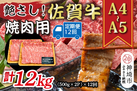 【12か月定期便】艶さし！【A4～A5】佐賀牛焼肉用 1kg(500g×2P)×12回【肉 牛肉 ブランド牛 黒毛和牛 ふるさと納税】(H112171)