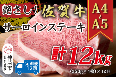 【12か月定期便】艶さし！【A4～A5】佐賀牛サーロインステーキセット 1kg(250g×4枚)×12回【肉 牛肉 ブランド牛 黒毛和牛 ステーキ肉 ふるさと納税】(H112198）