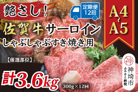 【12か月定期便】艶さし！【厳選部位】【A4～A5】佐賀牛サーロインしゃぶしゃぶすき焼き用 300g×12回【肉 牛肉 ブランド牛 黒毛和牛 お祝い ご褒美 ふるさと納税】(H112201)