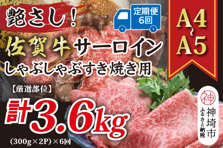 【6か月定期便】艶さし！【厳選部位】【A4～A5】佐賀牛サーロインしゃぶしゃぶすき焼き用 600g(300g×2P)×6回【肉 牛肉 ブランド牛 黒毛和牛 お祝い ご褒美 ふるさと納税】(H112206)