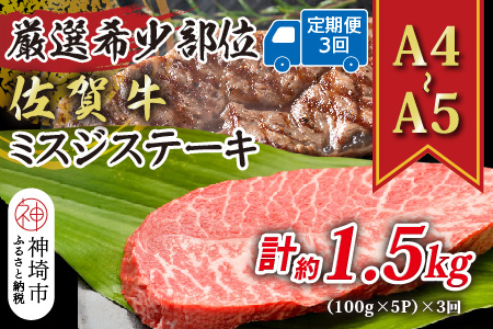 【3か月定期便】【厳選希少部位】【A4～A5】佐賀牛ミスジステーキ 約500g(100g×5P)×3回【肉 牛肉 ブランド牛 黒毛和牛 ステーキ肉 ふるさと納税】(H112262)