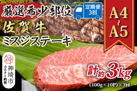 【3か月定期便】【厳選希少部位】【A4～A5】佐賀牛ミスジステーキ 約1kg(100g×10P)×3回【肉 牛肉 ブランド牛 黒毛和牛 ステーキ肉 ふるさと納税】(H112265)