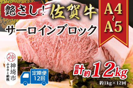 【12か月定期便】艶さし！【A4～A5】佐賀牛サーロインブロック 約1kg×12回【肉 牛肉 ブランド牛 黒毛和牛 ステーキ肉 ふるさと納税】(H112270)