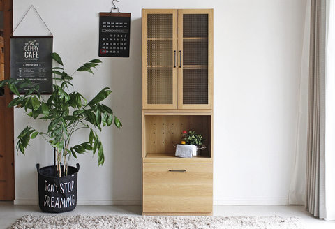 トラクト ガラス扉＋OP引出 NA 【食器 キャビネット 家具 国産 組み合わせ 収納家具 完成品】(H060639)