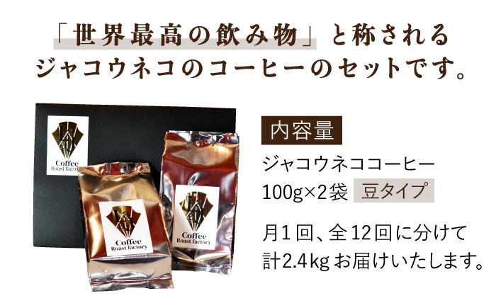 【12回定期便・豆タイプ】ジャコウネココーヒー100g×2（200g）12回合計2.4kg [FBR028]