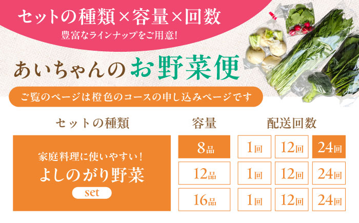 【8品 / 24回定期便】農薬に頼らない！カラダにやさしい「よしのがり野菜」セット（ショート）吉野ヶ里町/あいちゃん農園 [FAA003]