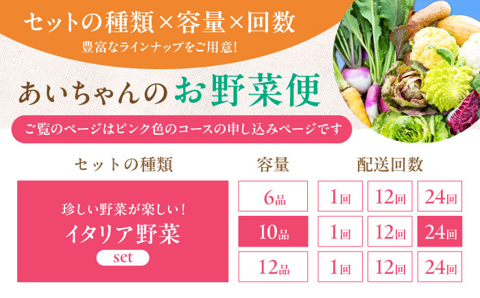 【10品×24回定期便】農薬に頼らない！カラダにやさしい「イタリア野菜」セット（レギュラー）【吉野ヶ里あいちゃん農園】[FAA019]