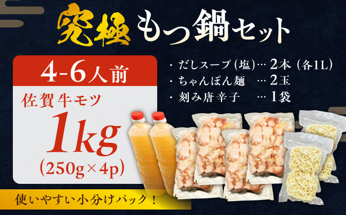 何度食べても飽きない美味しさ！こだわり佐賀牛100% もつ鍋セット 1kg(250g×4) 4~6人前 スープ・ちゃんぽん麺付 吉野ヶ里町/やきとり紋次郎 [FCJ087]