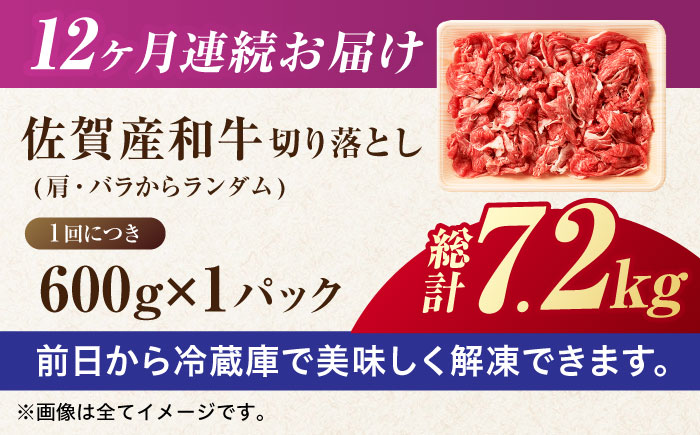【全12回定期便】【不揃い訳あり・部位おまかせ】佐賀産和牛 切り落とし 肩orバラ 計7.2kg （600g×12回） 吉野ヶ里町 訳あり[FDB029]