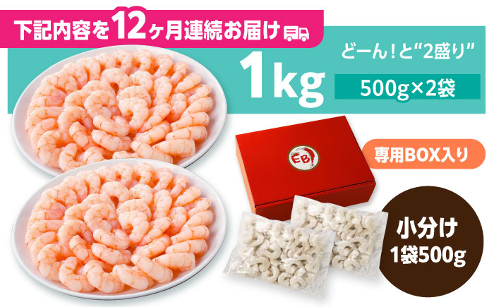 【全12回定期便】背ワタ除去済み！ぷりぷりむきえび 計12kg（500g×2袋×12回）吉野ヶ里町/EBI研究所 [FDE004]