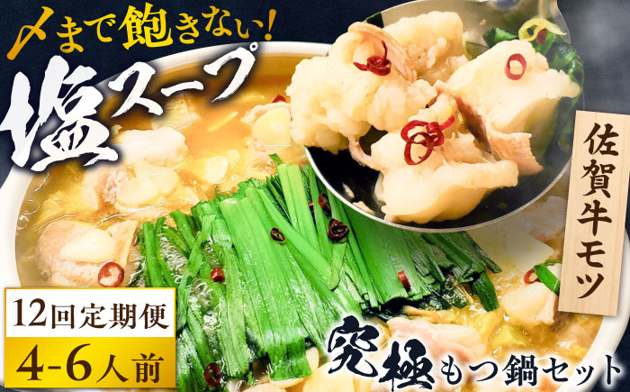 【全12回定期便】何度食べても飽きない美味しさ！こだわり佐賀牛100% もつ鍋セット 1kg(250g×4) 4~6人前 スープ・ちゃんぽん麺付 吉野ヶ里町/やきとり紋次郎 [FCJ103]