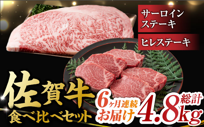 【6回定期便】艶さし！ 佐賀牛 ヒレステーキ＆サーロインステーキ 食べ比べ セット 計4.8kg  （ヒレ150g・サーロイン250g×各2枚×6回） 吉野ヶ里町 [FDB037]