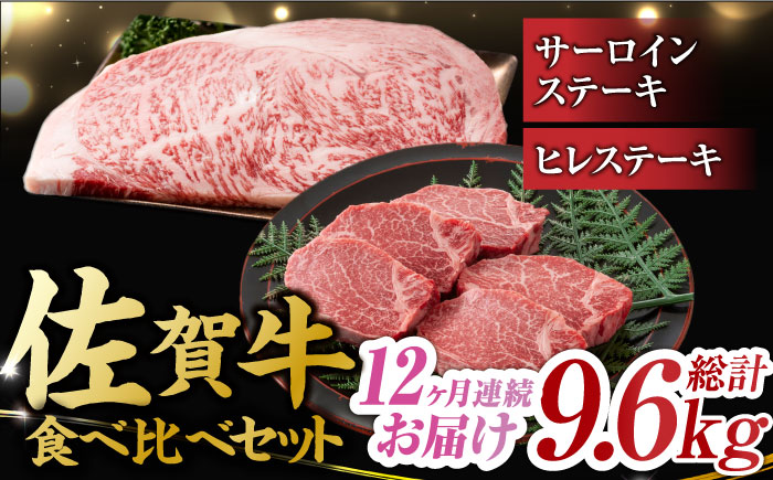 【12回定期便】佐賀牛 ヒレステーキ＆サーロインステーキ 食べ比べ セット 計9.6kg  （ヒレ150g・サーロイン250g×各2枚×12回） 吉野ヶ里町 [FDB038]