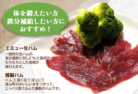 エミュー生ハム・3種燻製ハムセット【エミュー 基山産 高タンパク 高鉄分 低カロリー ヘルシー ジビエ 酒の肴 おつまみ 貴重肉 鉄分補給】K006033