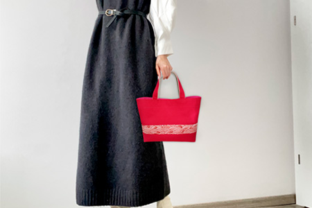 手作りトートバックA(赤ハンプ和柄)【手作り 手提げ サブバック ハンドメイド ポケット付 1点もの 人生の楽園】K023060