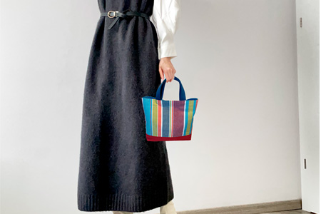 手作りトートバックC(ストライプ柄に赤ハンプ)【手作り 手提げ サブバック ハンドメイド ポケット付 1点もの 人生の楽園】K023062