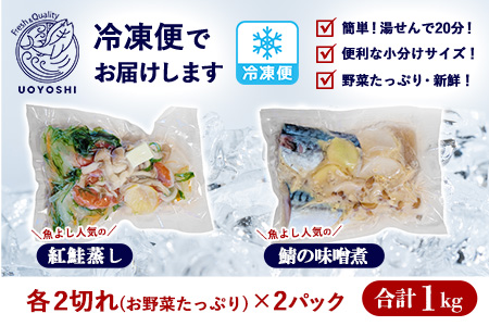 魚よし特製 湯せん調理2種セット 各2パック(紅鮭蒸しと鯖の味噌煮)【煮付け 魚介蒸し 魚 お野菜 真空冷凍 湯せん調理 メインディッシュ 紅鮭蒸し 鯖の味噌煮】K095020