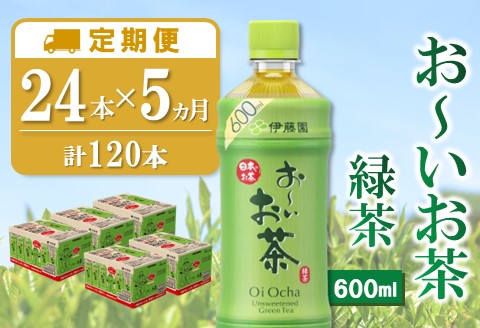 【5か月定期便】おーいお茶緑茶 600ml×24本(合計5ケース)【伊藤園 お茶 緑茶 まとめ買い 箱買い 熱中症対策 水分補給 備蓄 防災】K071468