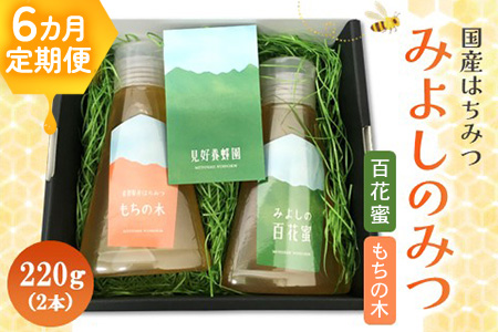 【6か月定期便】みよしのみつ(百花蜜・もちの木)220g×2本【はちみつ 百花蜜 もちの木 国産 ミツバチ 甘み スッキリ コク】K063396