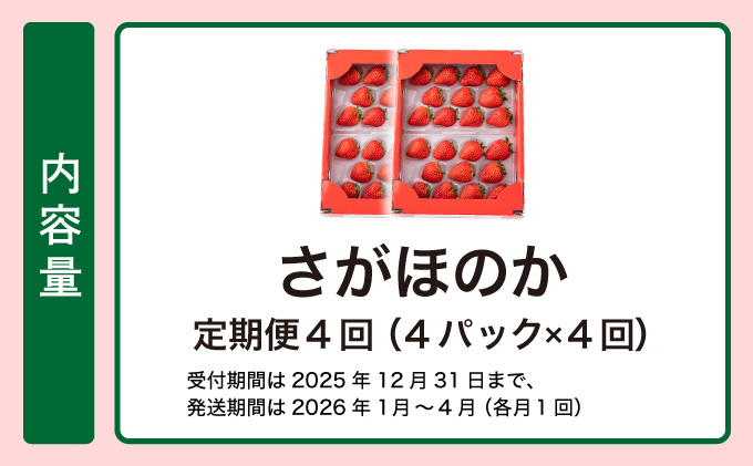 【先行予約】数量限定！あまい果汁溢れる！最高級品質”さがほのか” 4回定期便 （1回 235g×4p 約1kg）