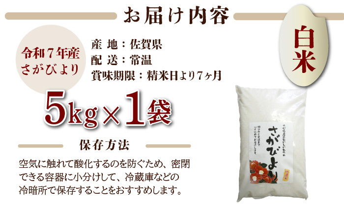 年内発送 12/25まで 特選米100%!令和7年産さがびより(精白米) 5kg 【B-1184-V】