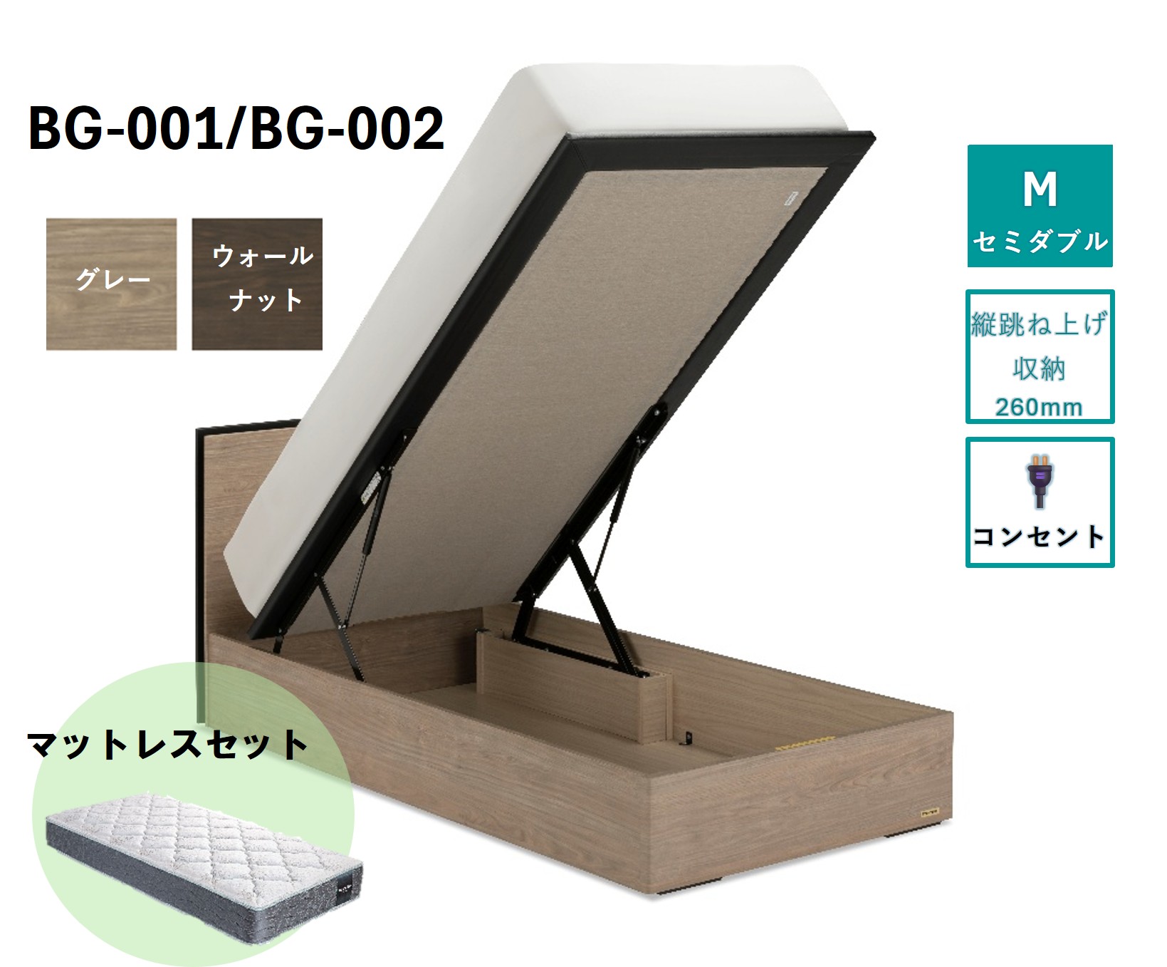 フランスベッド BG-001（跳ね上げ収納タイプ 260mm）セミダブル【マットレスセット】