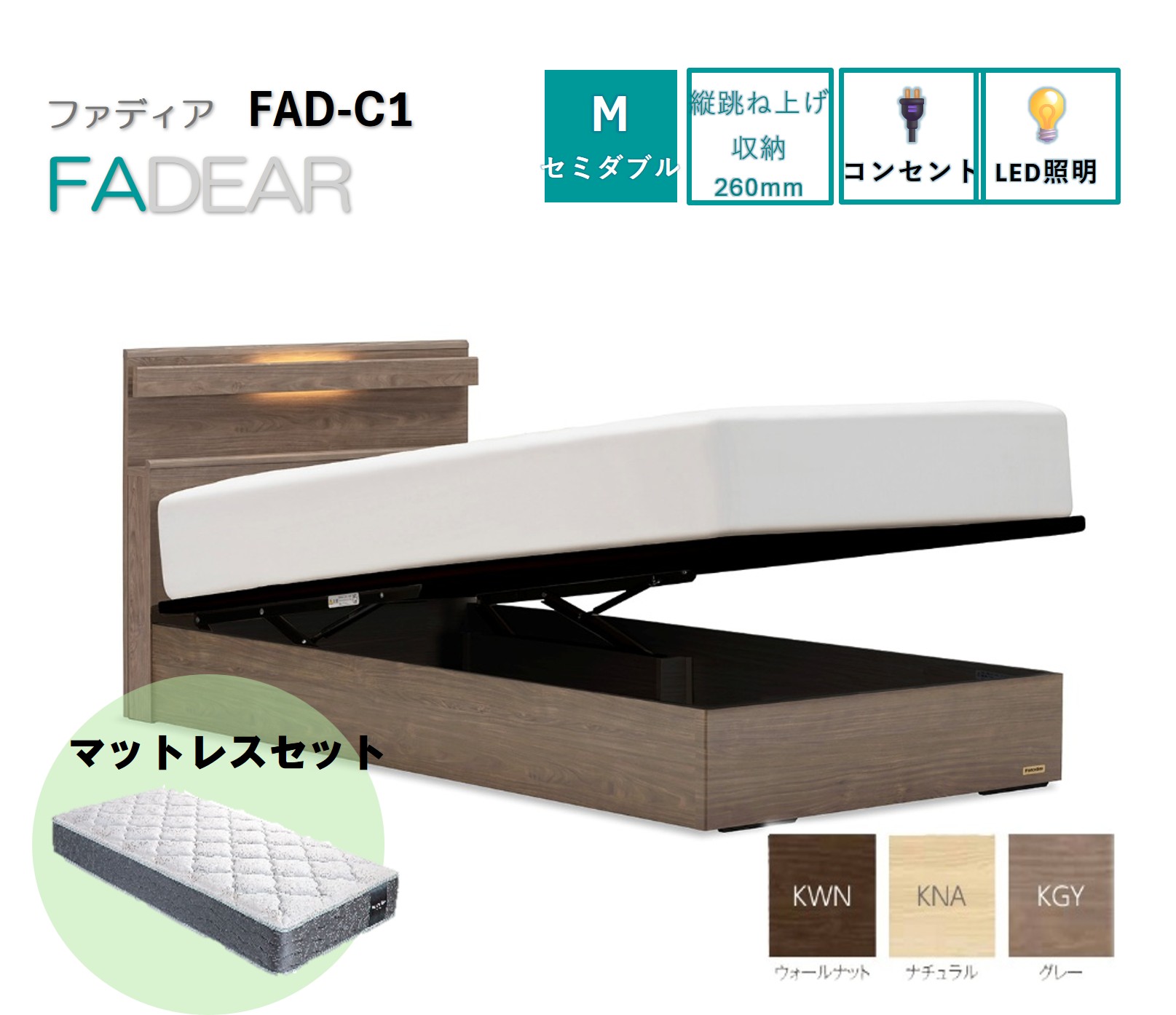 フランスベッド ファディア FAD-C1 TS（縦跳ね上げ収納260mm） 【 マットレスセット 】 M セミダブル