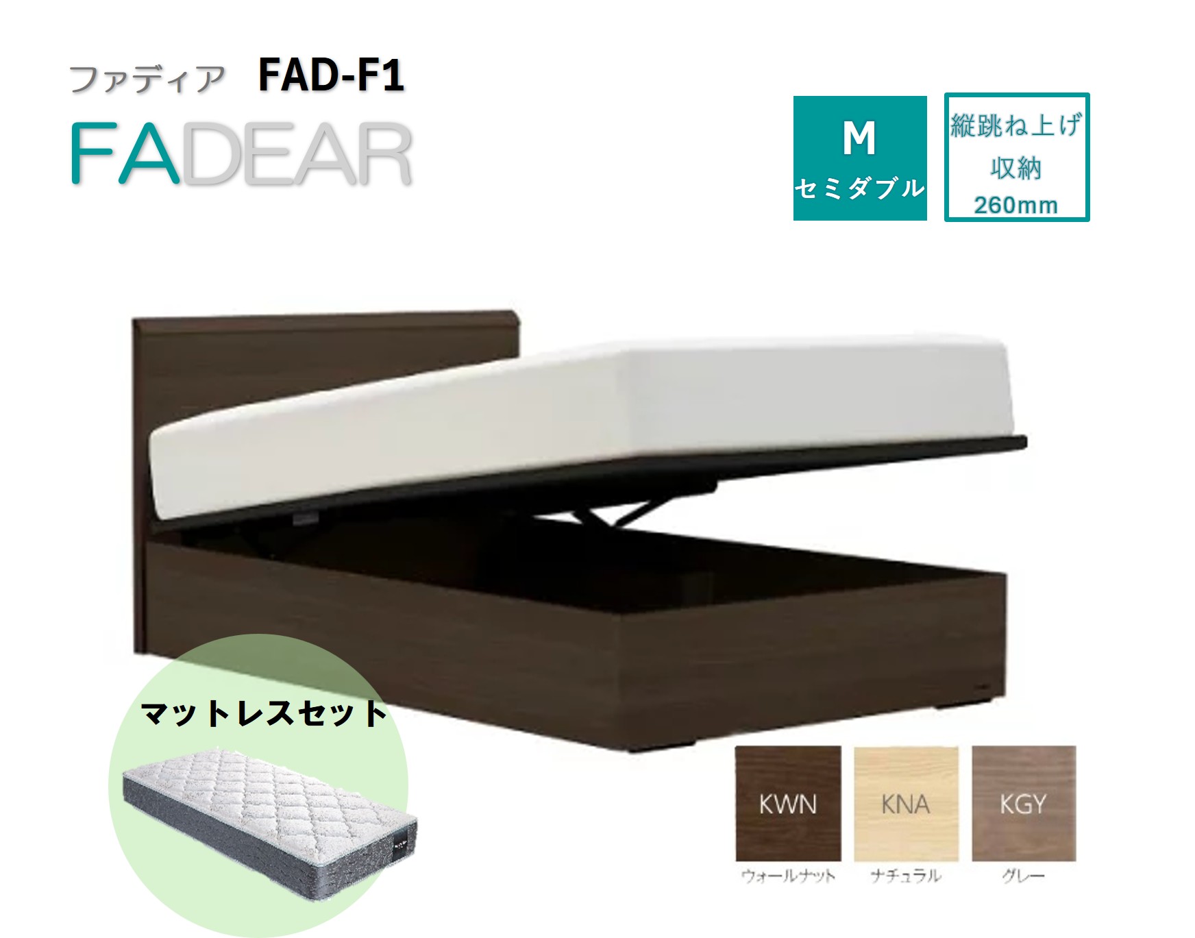 フランスベッド ファディア FAD-F1 TS（縦跳ね上げ収納260mm） 【 マットレスセット 】 M セミダブル