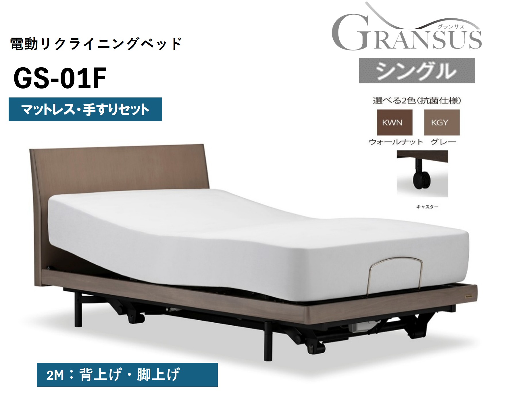 フランスベッド電動リクライニングGS-01F（2モーター：背上げ・脚上げ）キャスタータイプ　マットレス付き（シングル）