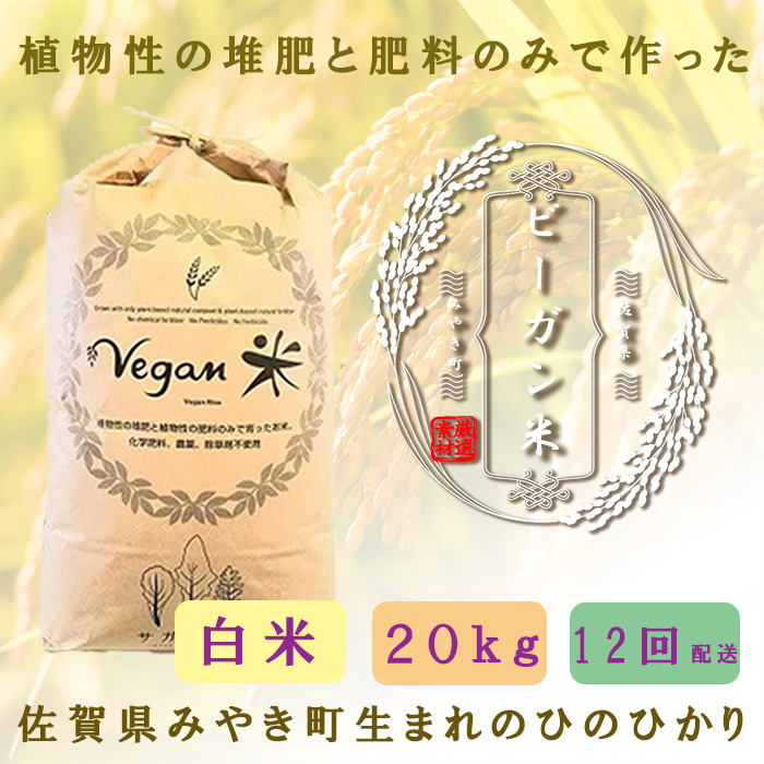 CQ032_【12か月定期便】ビーガン米20kg　白米【植物性で育て