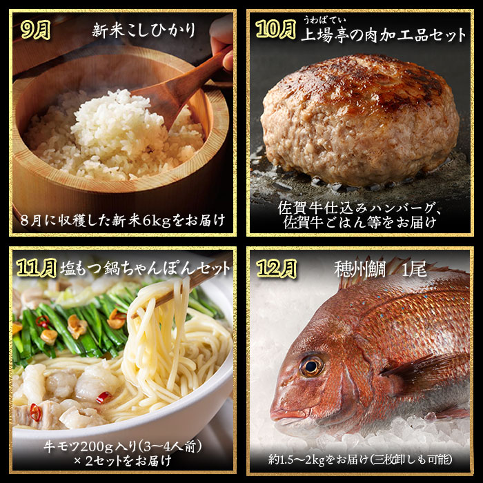 ～Premium GENKAI～定期便【毎月1回全12回配送】／ 定期便 頒布会 産地直送 国産 佐賀牛 牛肉 肉 真鯛 12ヵ月 果物 フルーツ キンショウメロン 苺 いちご みかん 雲丹 ハンバーグ もつ鍋 ちゃんぽん 米 新米 詰め合わせ バラエティ プレミアム セット 佐賀県 玄海町