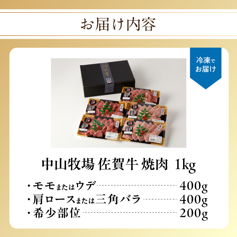 中山牧場 佐賀牛焼肉 1kg ／ バーベキュー BBQ 牛肉 肉 お肉 佐賀牛 赤身 霜降り モモ ウデ 肩ロース 三角バラ 焼き肉 焼肉セット A5 A4 a5 a4 黒毛和牛 ブランド牛 国産 佐賀県 玄海町 冷凍 1kg