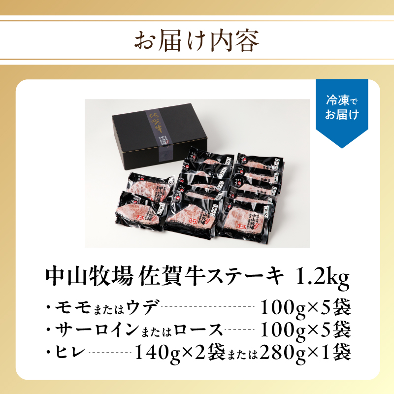 中山牧場 佐賀牛ステーキ 1.2kg ／ 牛肉 肉 お肉 佐賀牛 赤身 霜降り ステーキ モモ ウデ サーロイン ロース 焼き肉 焼肉セット バーベキュー BBQ A5 A4 a5 a4 黒毛和牛 ブランド牛 国産 佐賀県 玄海町 冷凍 1.2kg