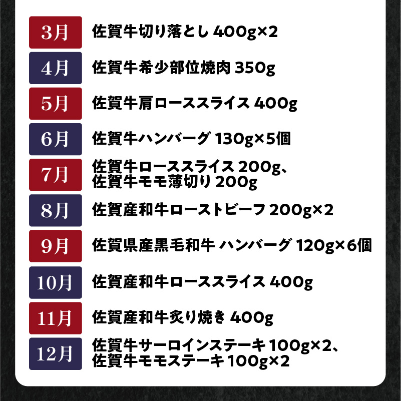 【定期便12回】中山牧場 厳選ギフト定期便 ／ 佐賀牛 サーロイン 肩 ロース モモ 霜降り 赤身 ローストビーフ ステーキ スライス 薄切り 希少部位 切り落とし すき焼き しゃぶしゃぶ 焼肉 カレー ハンバーグ 佐賀産和牛 黒毛和牛 牛肉 肉 定期便 セット A5 A4 冷凍 国産 佐賀県 玄海町 12回