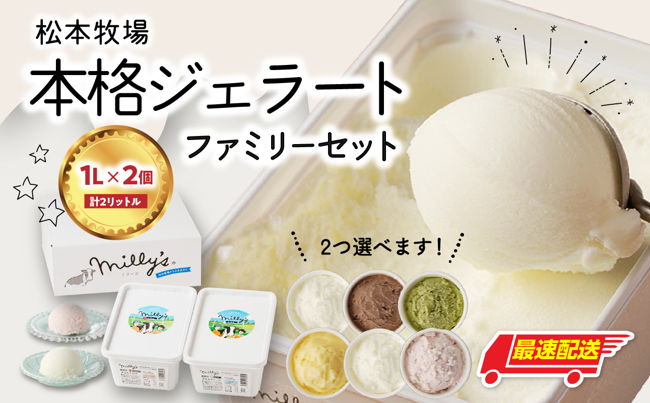 【お好みのフレーバー選べます！】松本牧場　本格ジェラートファミリーセット（1リットル×2個　計2リットル） 1L×2個