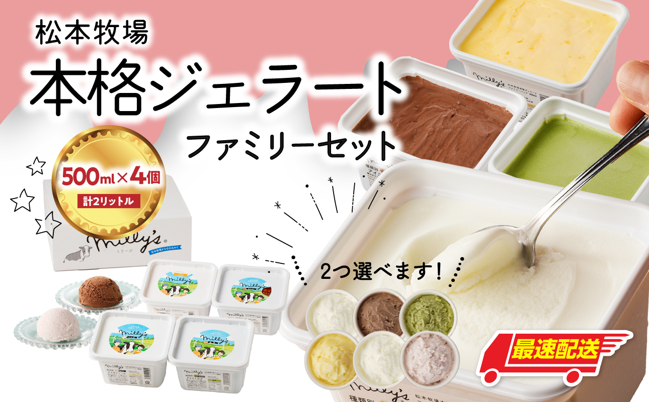 【お好みのフレーバー選べます！】松本牧場　本格ジェラートファミリーセット（500ｍｌ×4個　計2リットル） 500ml×4個