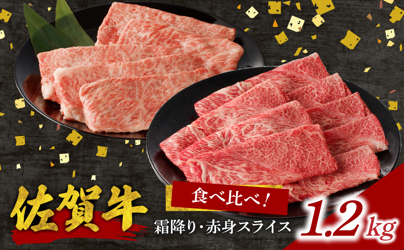 佐賀牛霜降り・赤身スライス食べ比べ 1.2kg（3月配送） ／ 中山牧場 直送 牛肉 すき焼き 佐賀牛 赤身スライス しゃぶしゃぶ 肉 牛 霜降り 黒毛和牛 牛肉 すきやき スライス 肩ロース肉 佐賀県 玄海町 3月配送 1.2kg