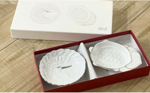 金・プラチナ鶴亀小皿セット 西富陶磁器 A18-172