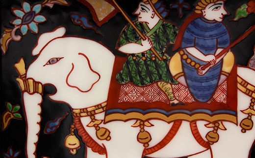 源右衛門窯 染錦更紗手象人物絵 陶額 壁掛 飾り 有田焼 A150-