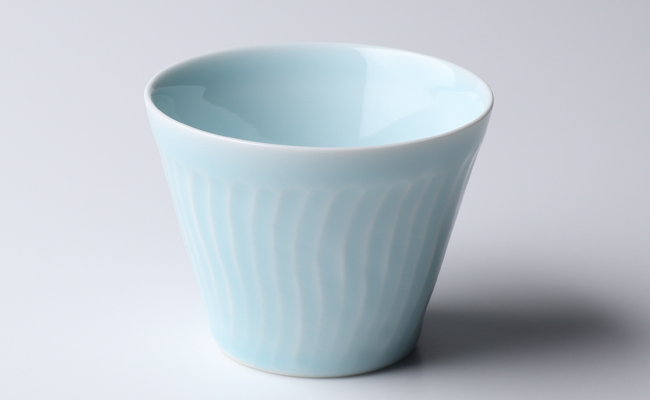 A45-58 有田焼 ろくろ手造り 青磁彫蕎麦猪口ペア（2個入り）