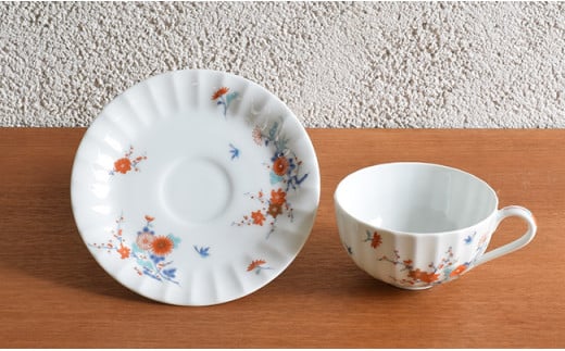 有田焼 色絵花鳥紋 ペア紅茶碗皿・ケーキ皿【深川製磁】食