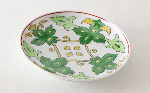 源右衛門窯 赤絵更紗唐花紋 皿 No.4 緑 器 食器 ケーキ皿 飾