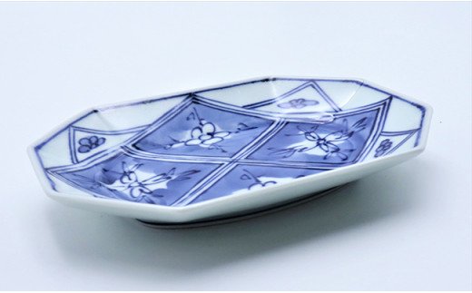 有田焼 青花 長八角取皿 格子紋2枚 あや千 皿 食器 うつわ 