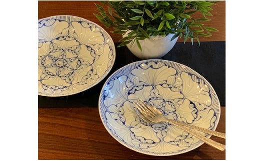 有田焼 染付花弁紋 6.5寸深皿 2枚セット【丸兄商社】食器 器