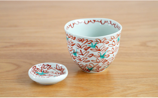 有田焼 ゆらり和カップ＆豆皿セット/赤絵風花【藍土】 フ