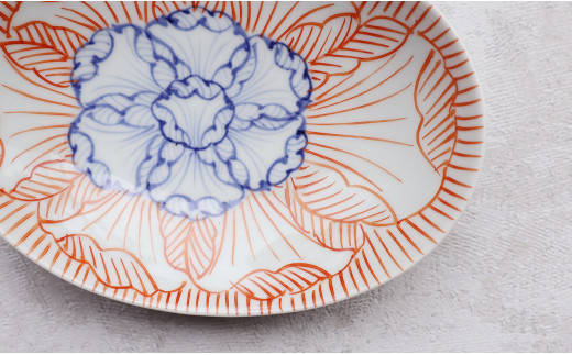 【まるふくオリジナル】有田焼 染錦花弁紋楕円皿２枚セッ