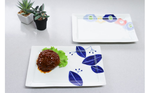 有田焼 長角トレイ hanahanaと染付リーフの2枚セット 大慶 A24-