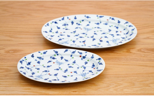 有田焼 唐草うさぎリム楕円皿/大・小セット【藍土】 A55-60