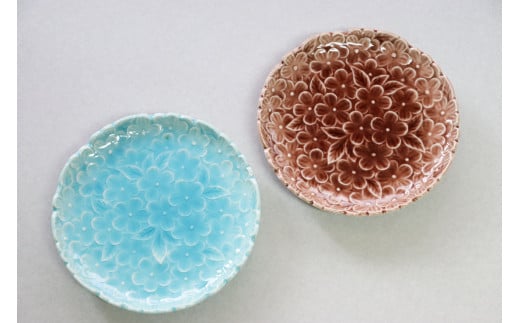 有田焼 花詰め彫 色釉銘々皿 ペアセット 大慶 皿 食器 A24-46