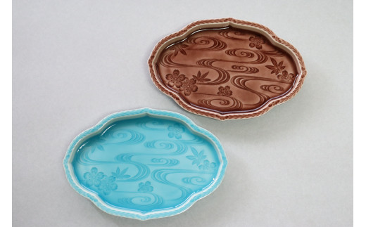 有田焼 春秋彫 色釉変形フラットプレート ペアセット 大慶 